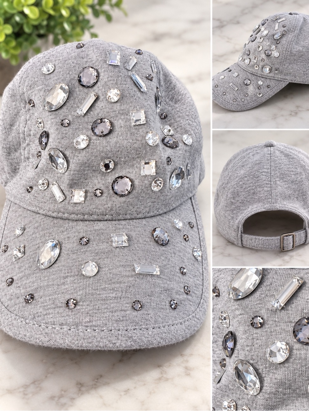 Gray Jeweled Baseball Cap with Crystal Embellishments
